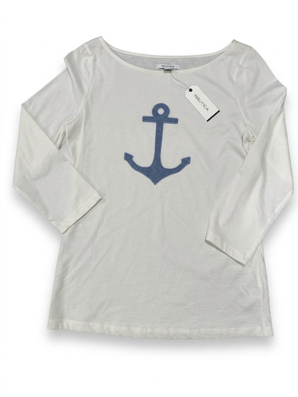 Nautica Anchor Graphic Boatneck 3/4 Sleeve Top Cream White Size Small NWT